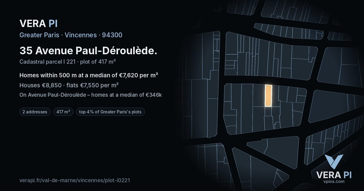 35 Avenue Paul-Déroulède, Vincennes at night – the plot lit, the parcels around coloured by the prices near them