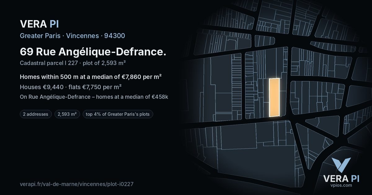 69 Rue Angélique-Defrance, Vincennes at night – the plot lit, the parcels around coloured by the prices near them