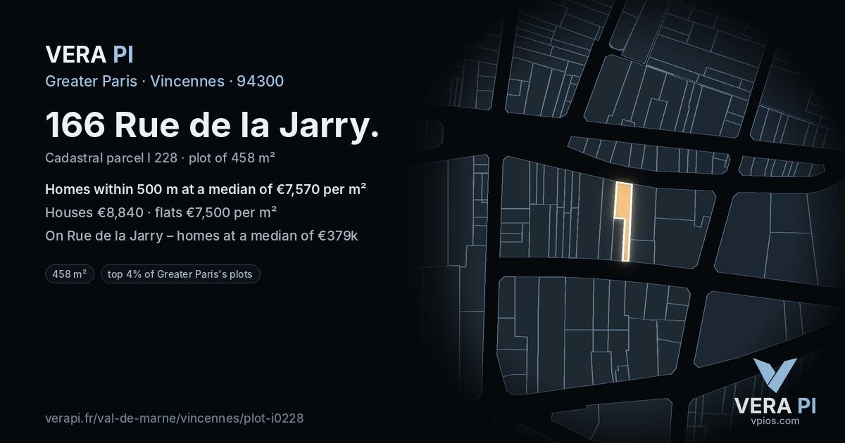 166 Rue de la Jarry, Vincennes at night – the plot lit, the parcels around coloured by the prices near them