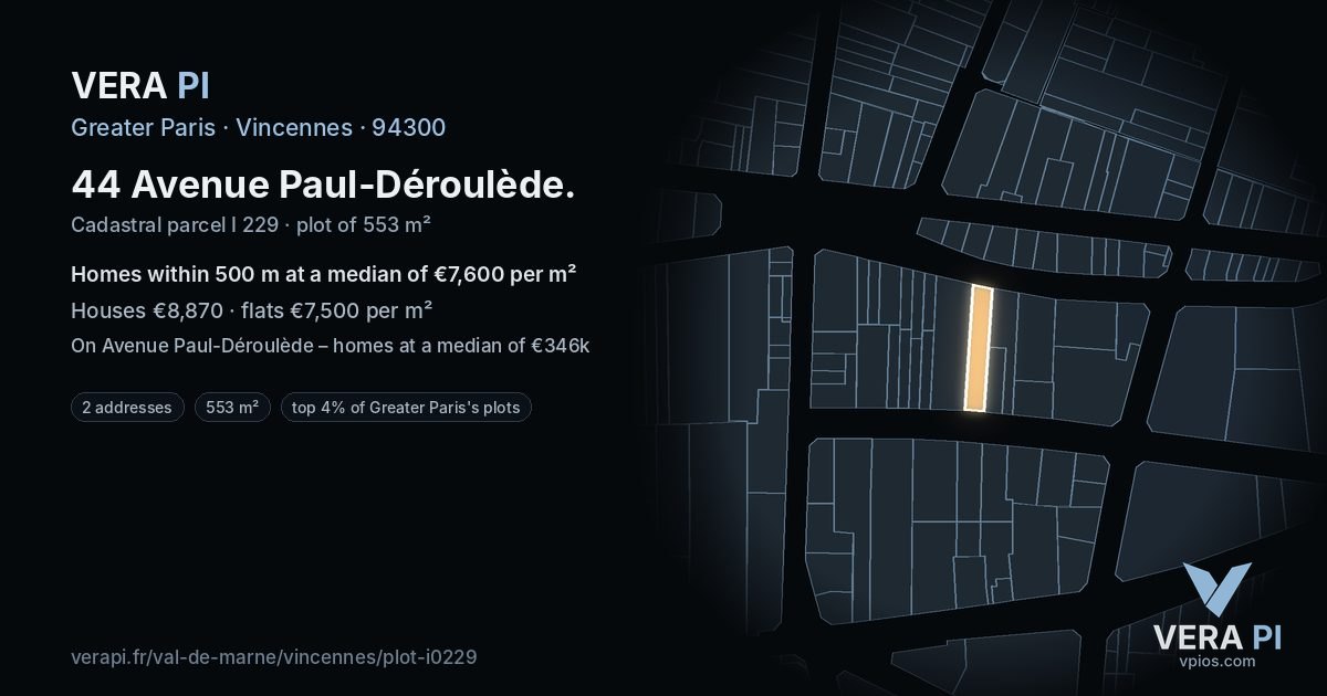 44 Avenue Paul-Déroulède, Vincennes at night – the plot lit, the parcels around coloured by the prices near them
