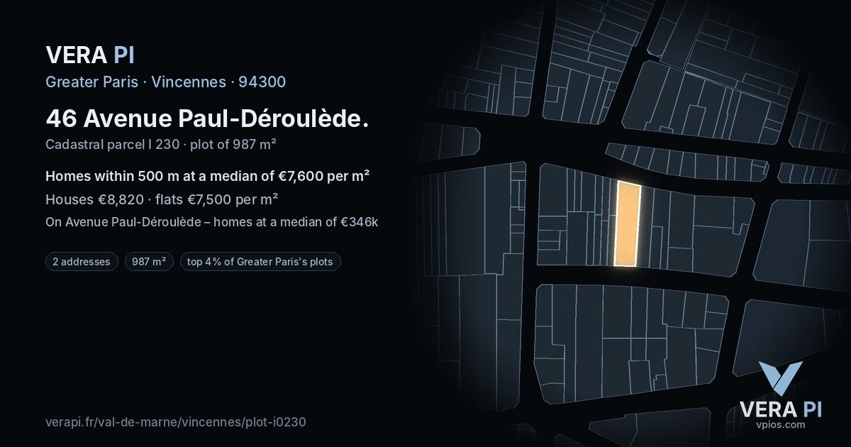 46 Avenue Paul-Déroulède, Vincennes at night – the plot lit, the parcels around coloured by the prices near them