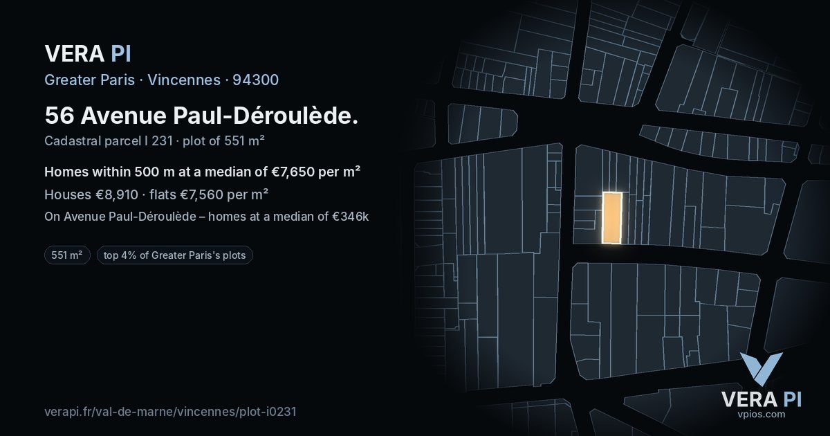 56 Avenue Paul-Déroulède, Vincennes at night – the plot lit, the parcels around coloured by the prices near them