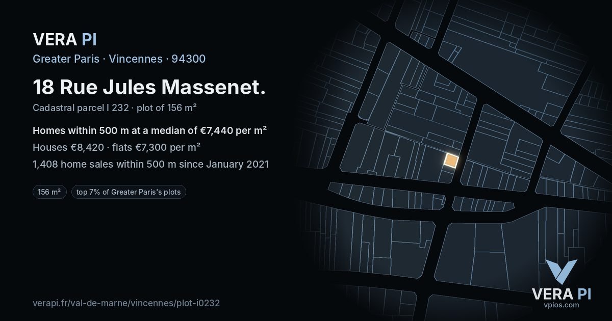 18 Rue Jules Massenet, Vincennes at night – the plot lit, the parcels around coloured by the prices near them