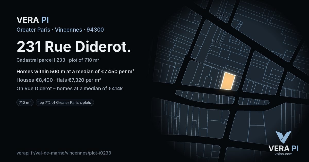 231 Rue Diderot, Vincennes at night – the plot lit, the parcels around coloured by the prices near them
