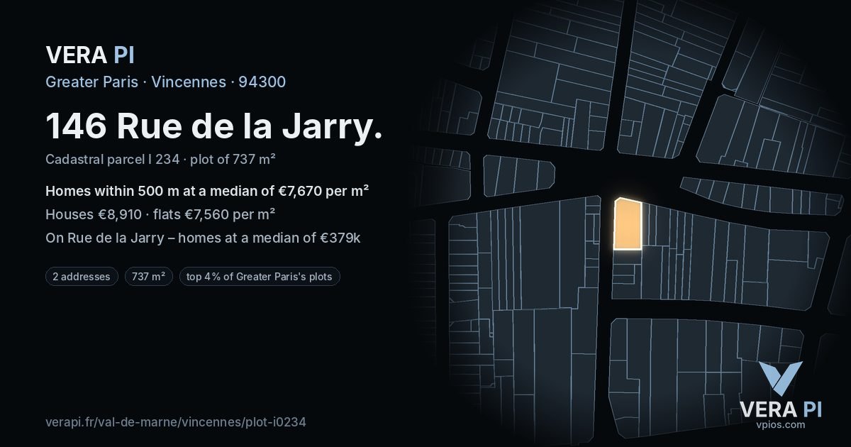 146 Rue de la Jarry, Vincennes at night – the plot lit, the parcels around coloured by the prices near them
