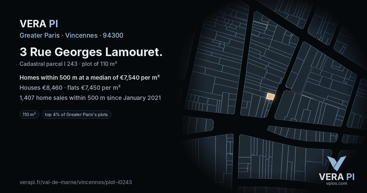 3 Rue Georges Lamouret, Vincennes at night – the plot lit, the parcels around coloured by the prices near them