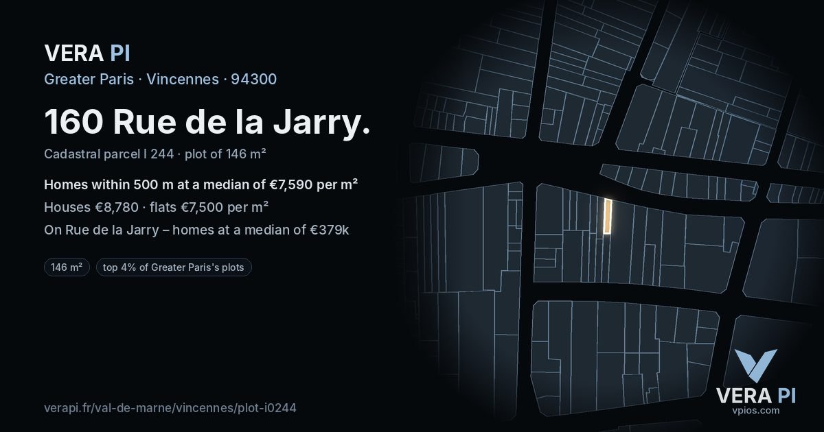 160 Rue de la Jarry, Vincennes at night – the plot lit, the parcels around coloured by the prices near them
