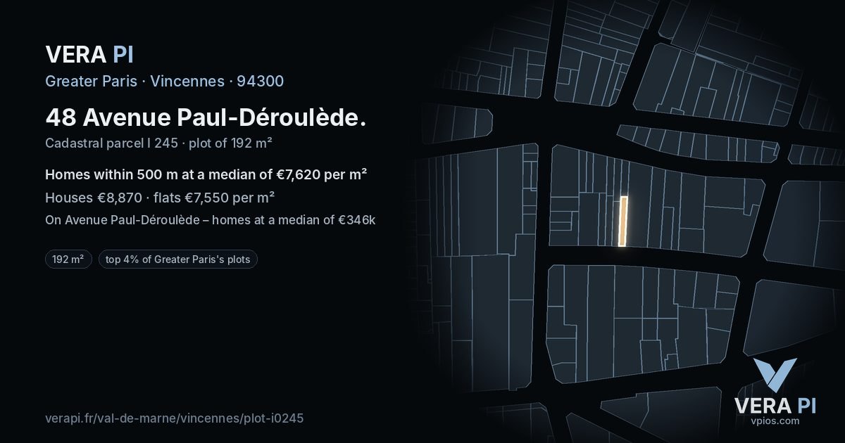 48 Avenue Paul-Déroulède, Vincennes at night – the plot lit, the parcels around coloured by the prices near them