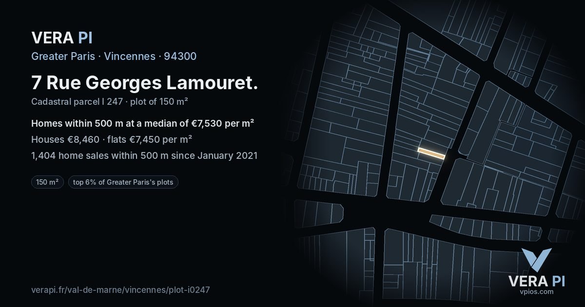 7 Rue Georges Lamouret, Vincennes at night – the plot lit, the parcels around coloured by the prices near them