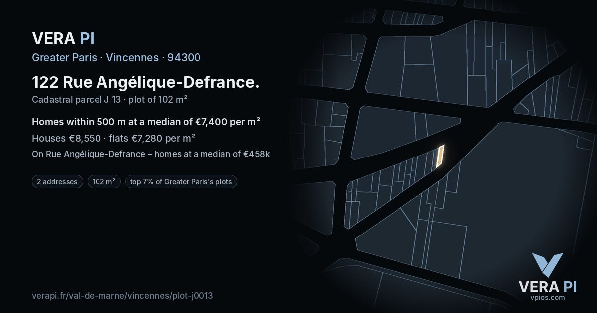 122 Rue Angélique-Defrance, Vincennes at night – the plot lit, the parcels around coloured by the prices near them