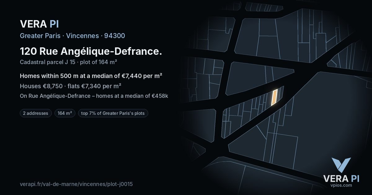 120 Rue Angélique-Defrance, Vincennes at night – the plot lit, the parcels around coloured by the prices near them