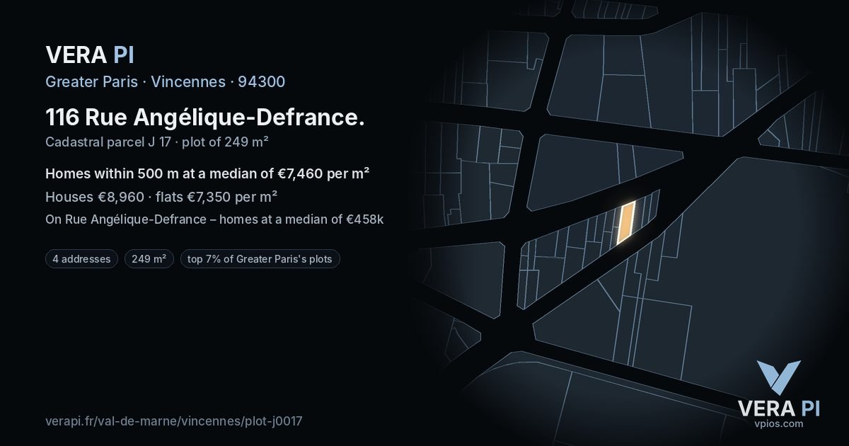 116 Rue Angélique-Defrance, Vincennes at night – the plot lit, the parcels around coloured by the prices near them