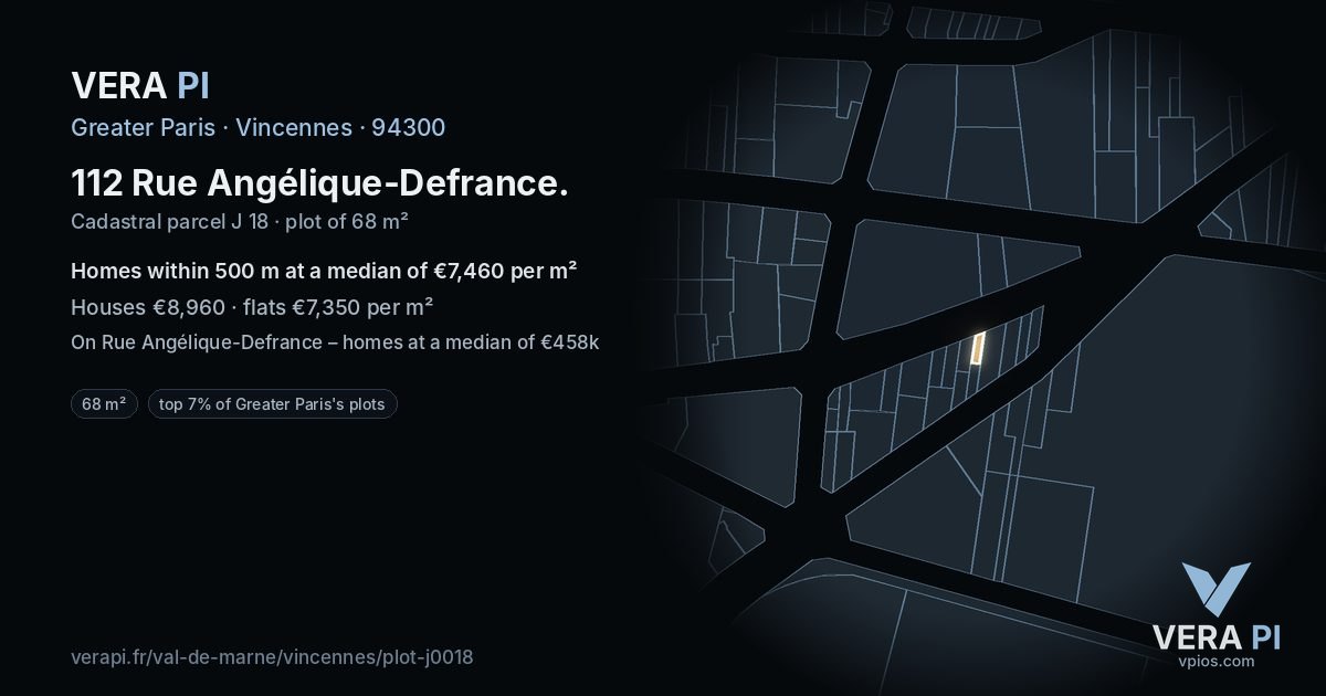 112 Rue Angélique-Defrance, Vincennes at night – the plot lit, the parcels around coloured by the prices near them