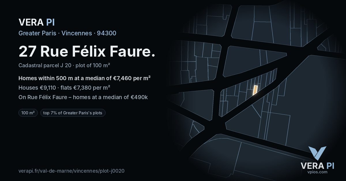 27 Rue Félix Faure, Vincennes at night – the plot lit, the parcels around coloured by the prices near them
