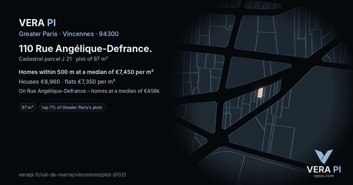 110 Rue Angélique-Defrance, Vincennes at night – the plot lit, the parcels around coloured by the prices near them