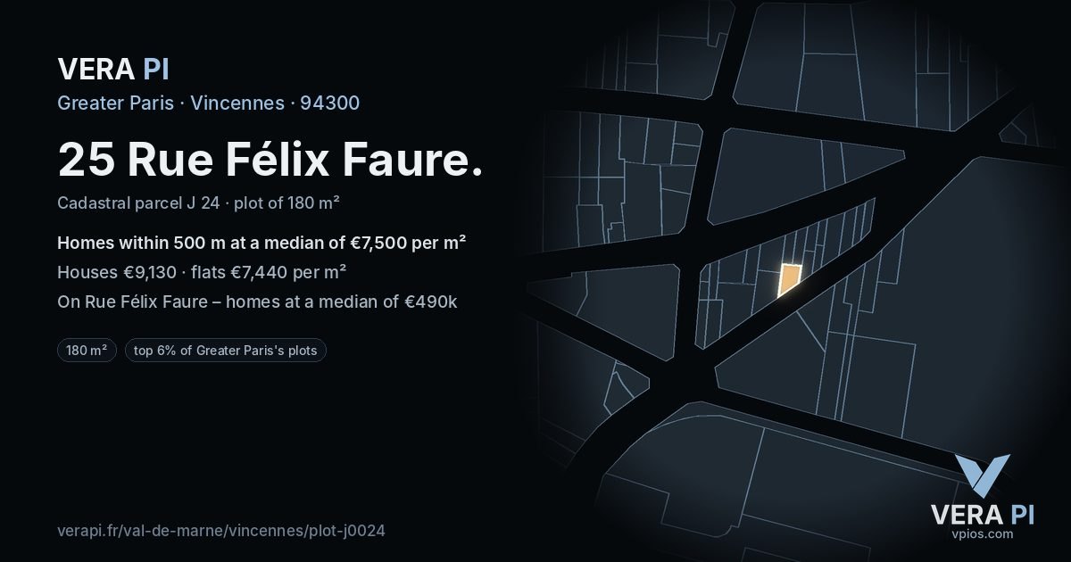 25 Rue Félix Faure, Vincennes at night – the plot lit, the parcels around coloured by the prices near them