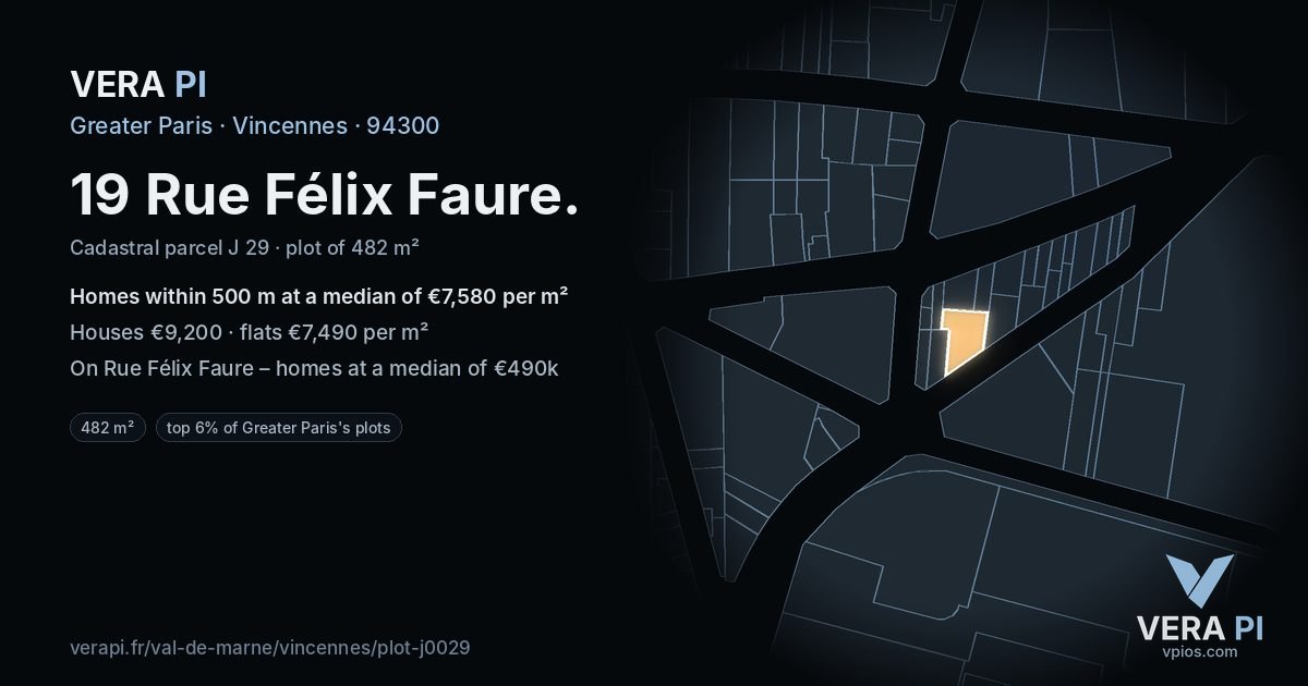 19 Rue Félix Faure, Vincennes at night – the plot lit, the parcels around coloured by the prices near them