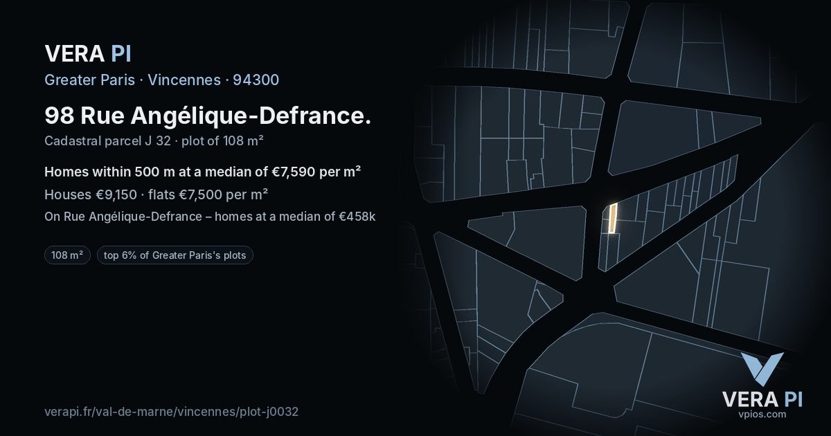 98 Rue Angélique-Defrance, Vincennes at night – the plot lit, the parcels around coloured by the prices near them