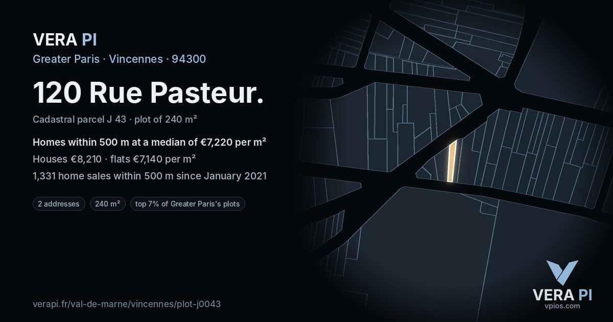 120 Rue Pasteur, Vincennes at night – the plot lit, the parcels around coloured by the prices near them