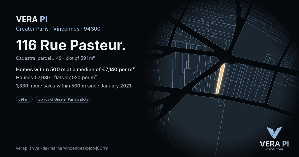 116 Rue Pasteur, Vincennes at night – the plot lit, the parcels around coloured by the prices near them