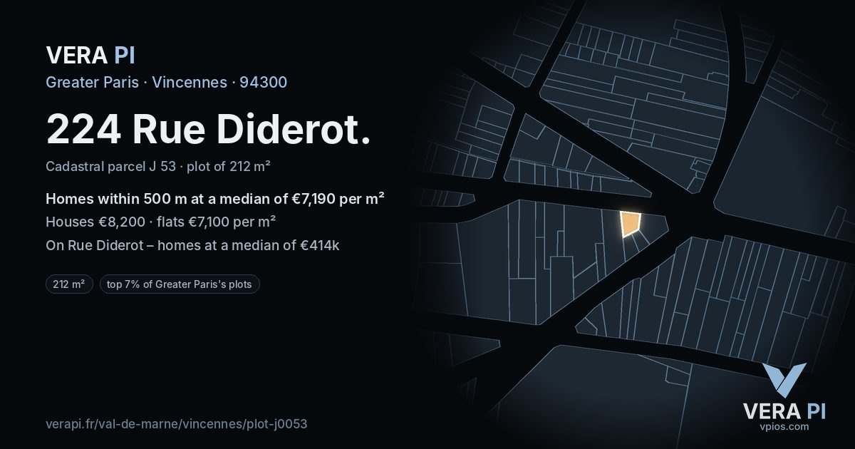224 Rue Diderot, Vincennes at night – the plot lit, the parcels around coloured by the prices near them