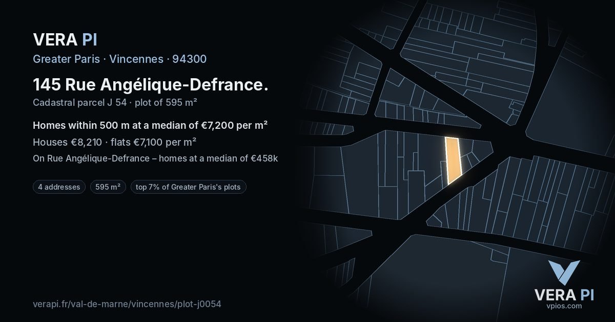 145 Rue Angélique-Defrance, Vincennes at night – the plot lit, the parcels around coloured by the prices near them