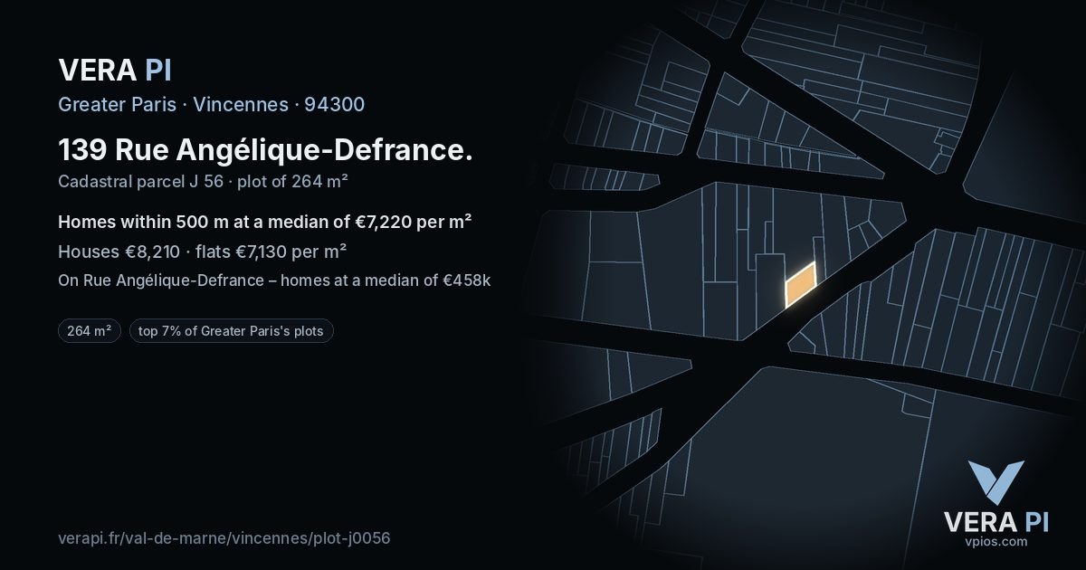 139 Rue Angélique-Defrance, Vincennes at night – the plot lit, the parcels around coloured by the prices near them