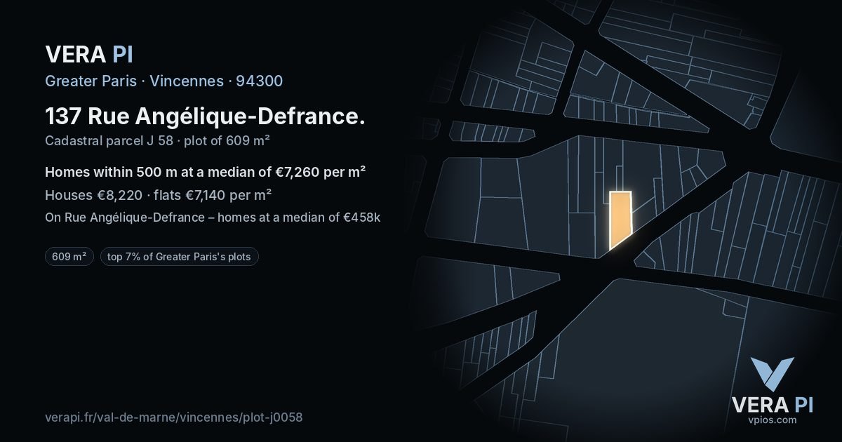 137 Rue Angélique-Defrance, Vincennes at night – the plot lit, the parcels around coloured by the prices near them