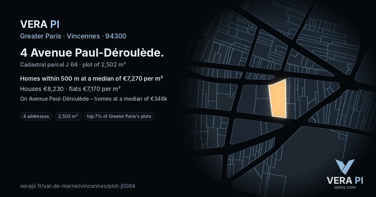 4 Avenue Paul-Déroulède, Vincennes at night – the plot lit, the parcels around coloured by the prices near them