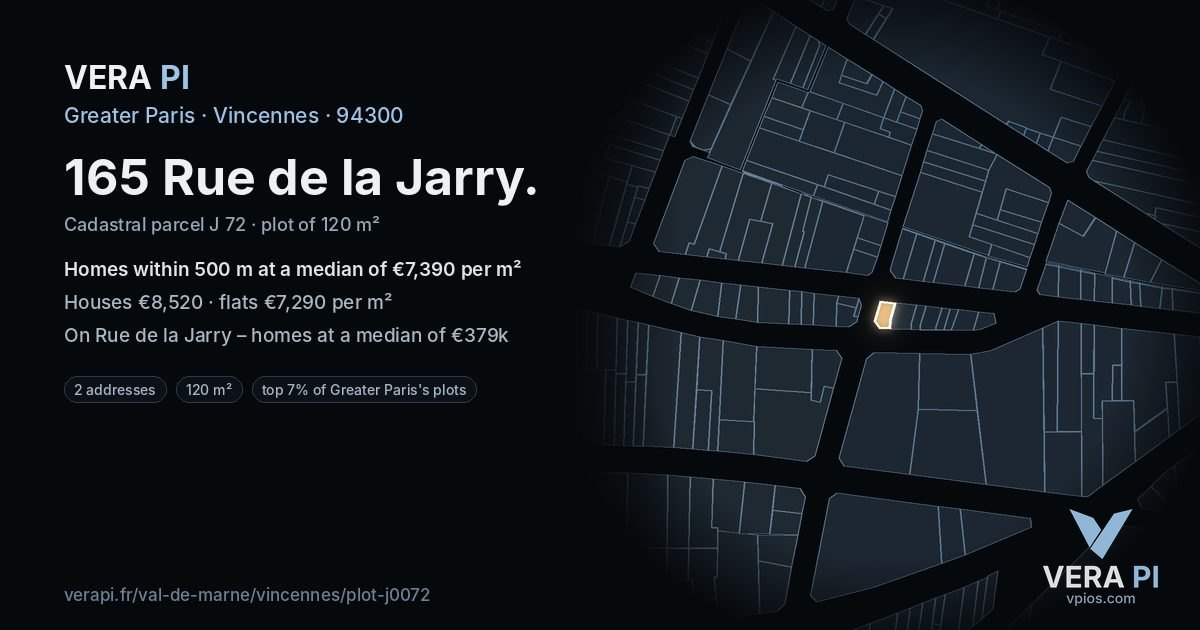 165 Rue de la Jarry, Vincennes at night – the plot lit, the parcels around coloured by the prices near them