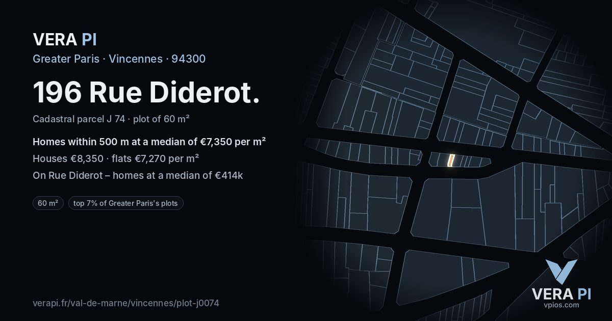 196 Rue Diderot, Vincennes at night – the plot lit, the parcels around coloured by the prices near them