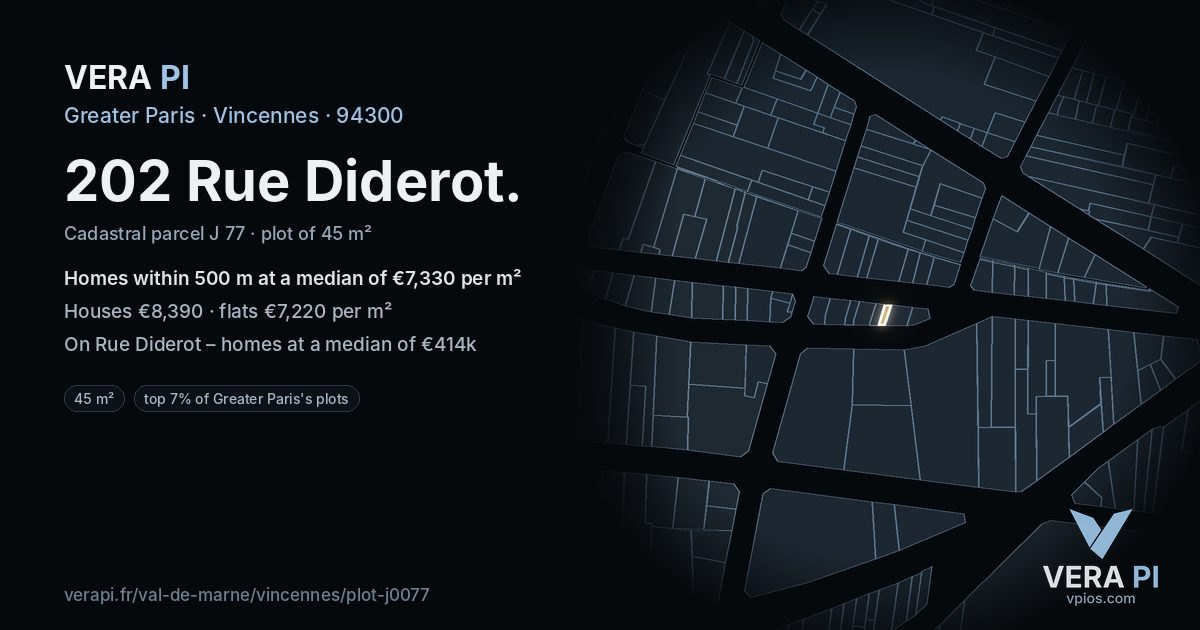 202 Rue Diderot, Vincennes at night – the plot lit, the parcels around coloured by the prices near them