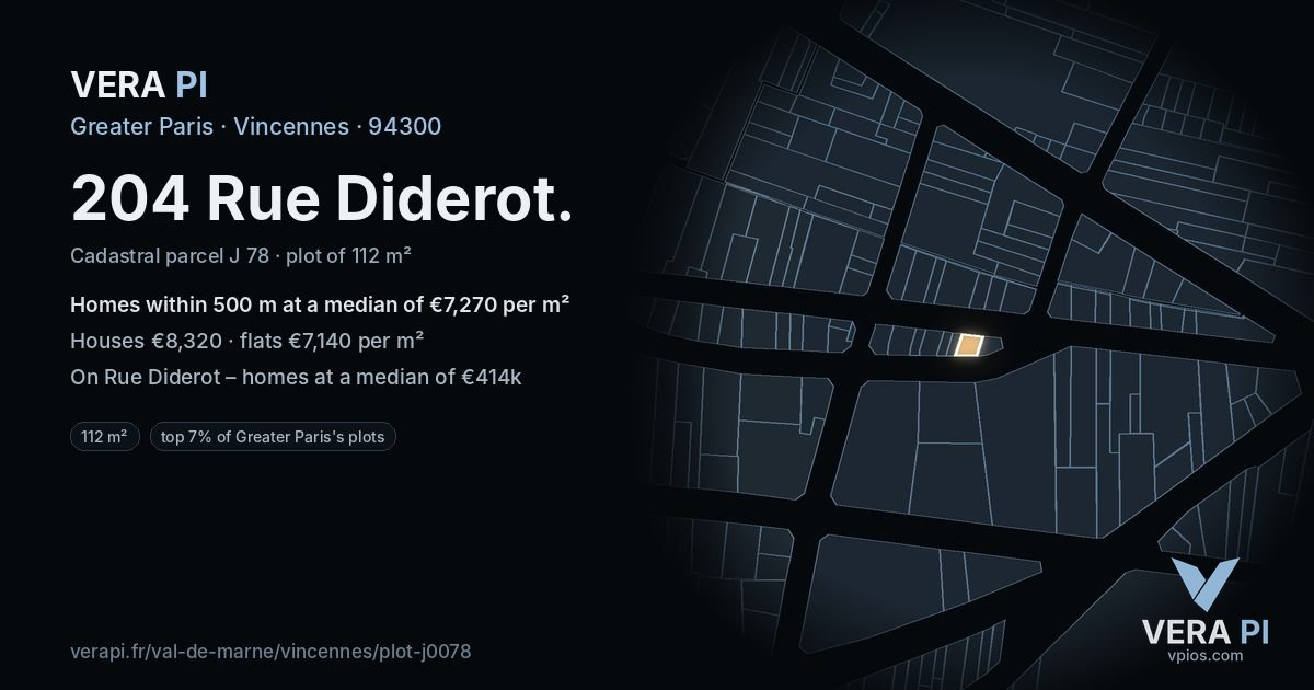 204 Rue Diderot, Vincennes at night – the plot lit, the parcels around coloured by the prices near them