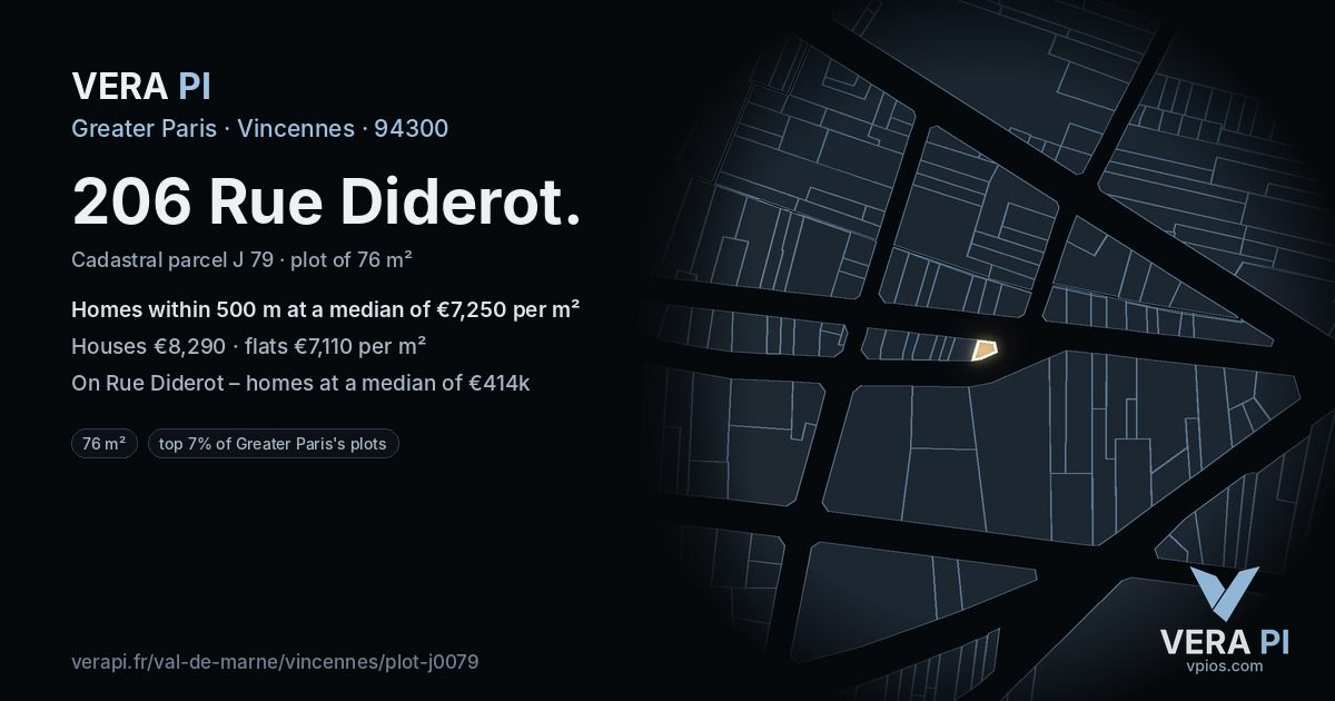 206 Rue Diderot, Vincennes at night – the plot lit, the parcels around coloured by the prices near them