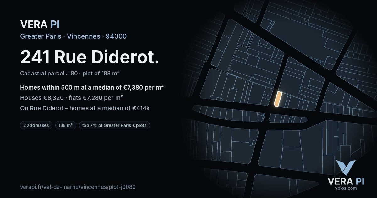 241 Rue Diderot, Vincennes at night – the plot lit, the parcels around coloured by the prices near them