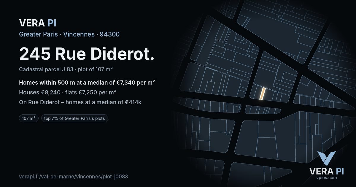 245 Rue Diderot, Vincennes at night – the plot lit, the parcels around coloured by the prices near them