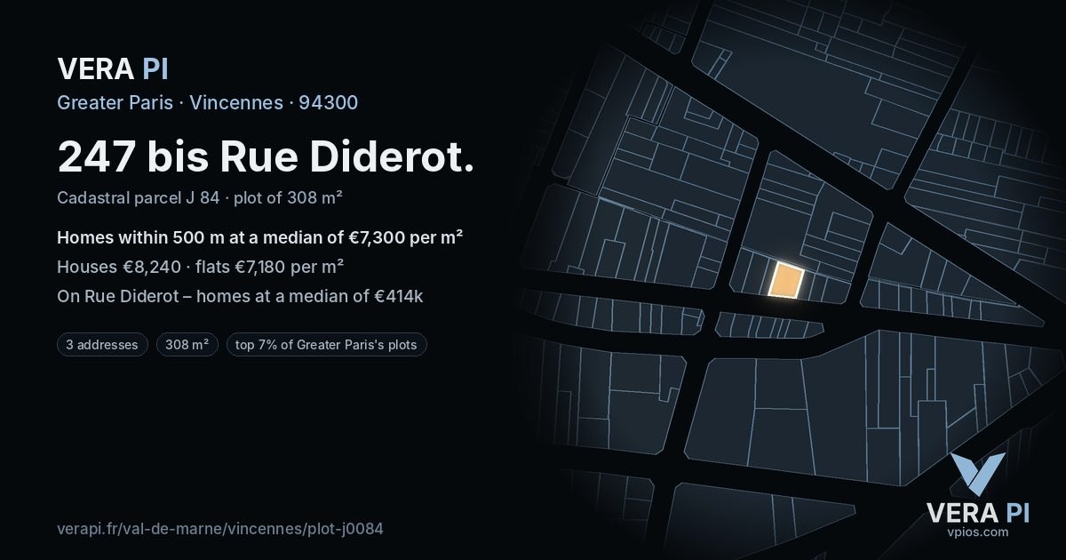 247 bis Rue Diderot, Vincennes at night – the plot lit, the parcels around coloured by the prices near them