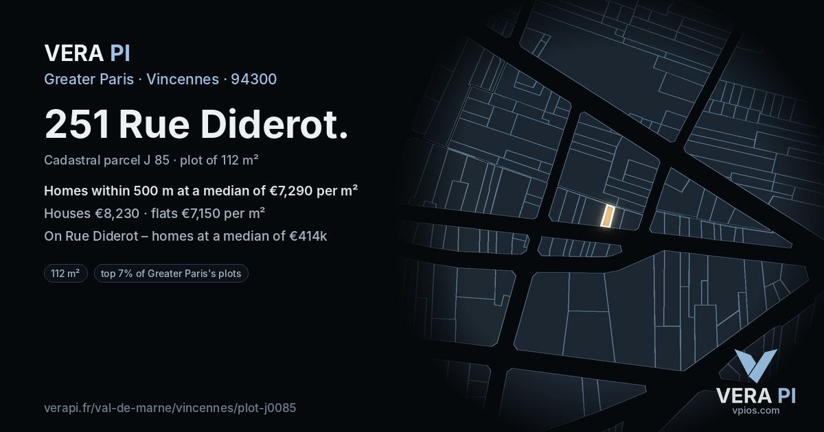 251 Rue Diderot, Vincennes at night – the plot lit, the parcels around coloured by the prices near them