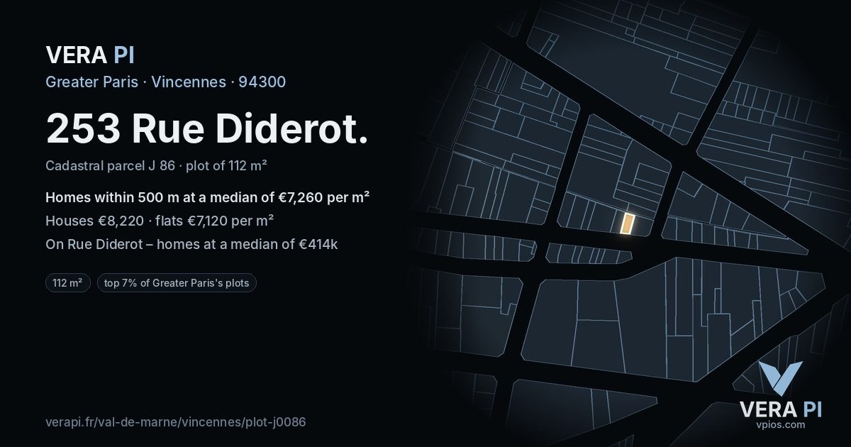 253 Rue Diderot, Vincennes at night – the plot lit, the parcels around coloured by the prices near them