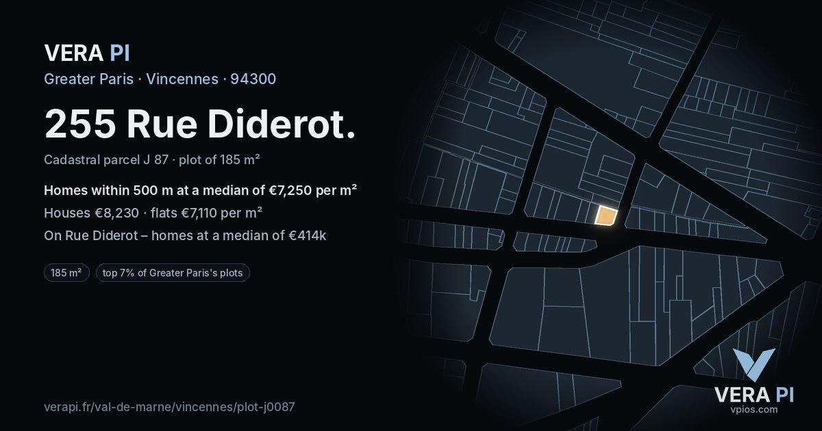 255 Rue Diderot, Vincennes at night – the plot lit, the parcels around coloured by the prices near them