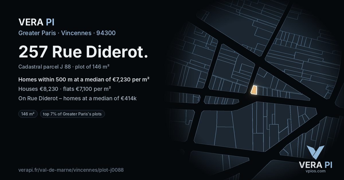 257 Rue Diderot, Vincennes at night – the plot lit, the parcels around coloured by the prices near them