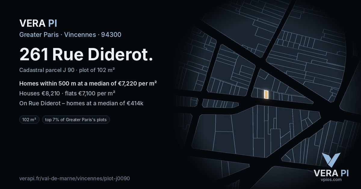 261 Rue Diderot, Vincennes at night – the plot lit, the parcels around coloured by the prices near them