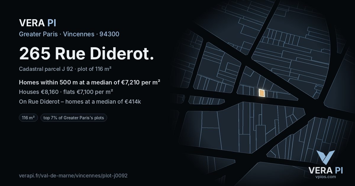 265 Rue Diderot, Vincennes at night – the plot lit, the parcels around coloured by the prices near them