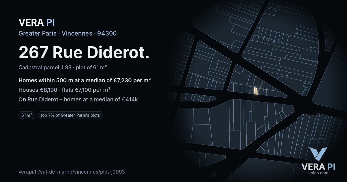 267 Rue Diderot, Vincennes at night – the plot lit, the parcels around coloured by the prices near them