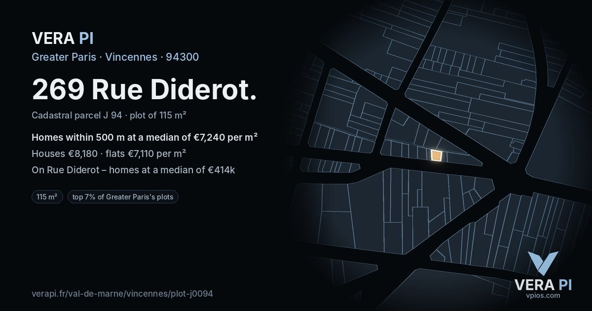 269 Rue Diderot, Vincennes at night – the plot lit, the parcels around coloured by the prices near them