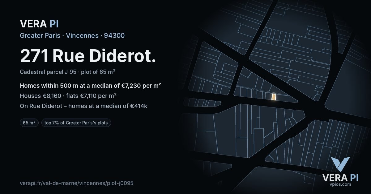 271 Rue Diderot, Vincennes at night – the plot lit, the parcels around coloured by the prices near them