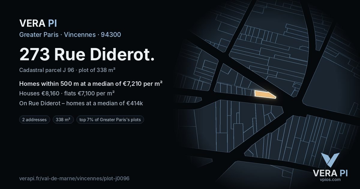 273 Rue Diderot, Vincennes at night – the plot lit, the parcels around coloured by the prices near them