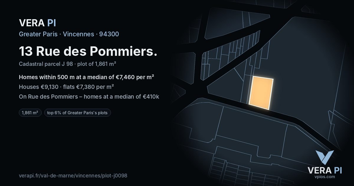 13 Rue des Pommiers, Vincennes at night – the plot lit, the parcels around coloured by the prices near them