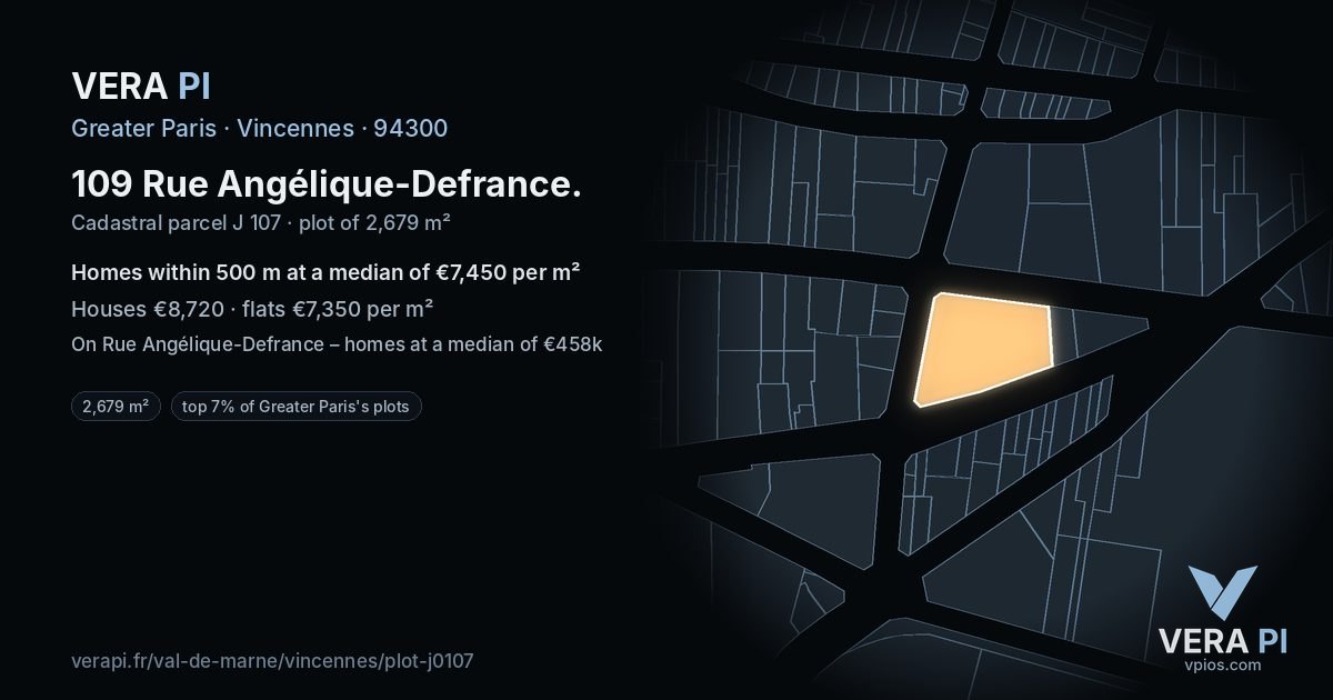 109 Rue Angélique-Defrance, Vincennes at night – the plot lit, the parcels around coloured by the prices near them