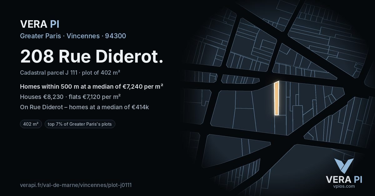 208 Rue Diderot, Vincennes at night – the plot lit, the parcels around coloured by the prices near them